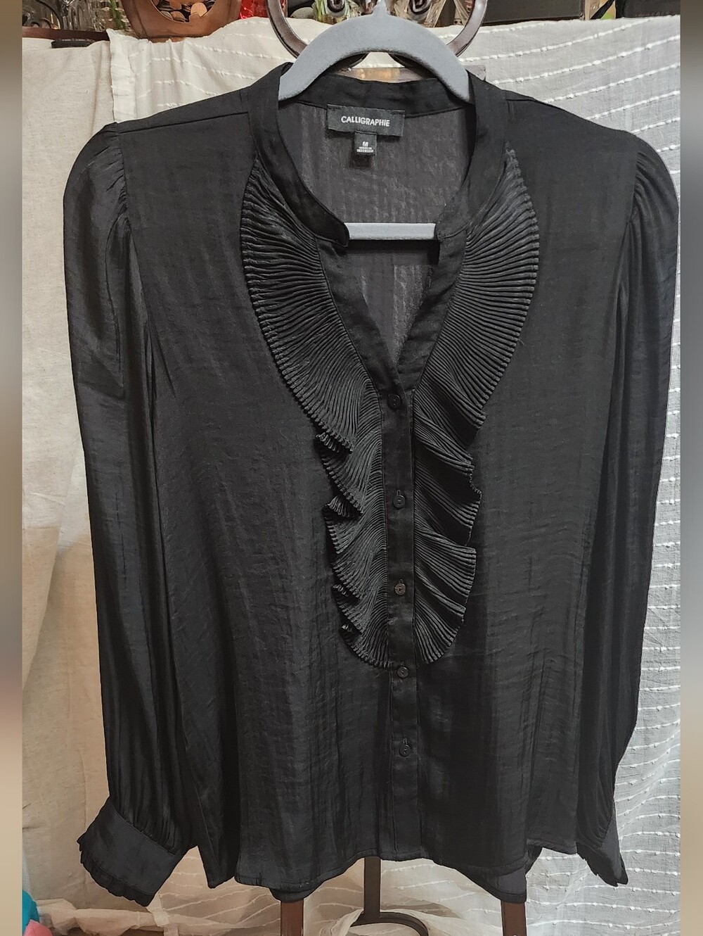Anthropologie Calligraphie Black Pleated-Ruffle Button Fairy Silky Blouse Flowy